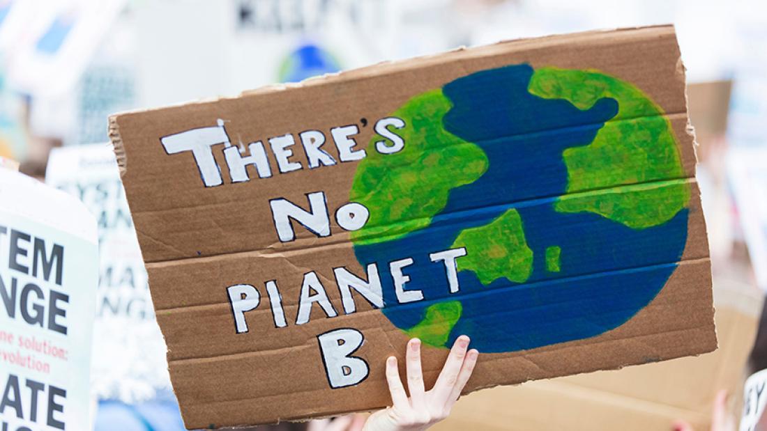 Ein Pappschild wird in die Luft gehalten auf dem steht: "There's no planet B"