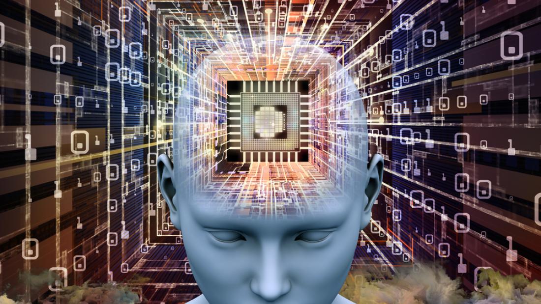 Illustration eines menschlichen Gehirns mit Computerchip