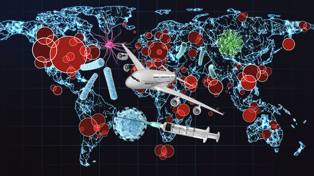 Das Bild zeigt eine Weltkarte, über die verschiedene medizinische Produkte verteilt sind.