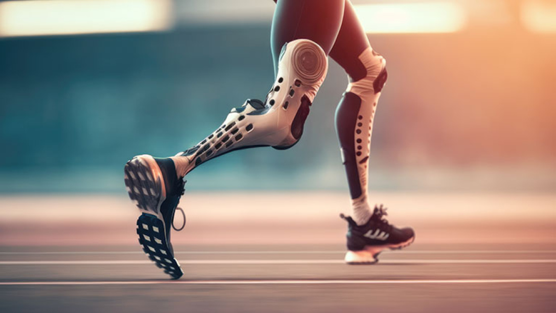 Zu sehen sind die Beine eines Läufers / einer Läuferin auf einer Laufbahn, die Unterschenkel sind durch Prothesen ersetzt. 