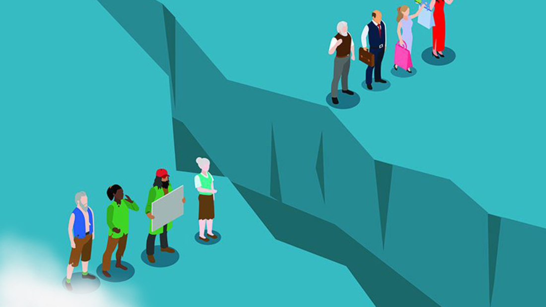 Illustration mit einem Graben, rechts und links davon Menschen