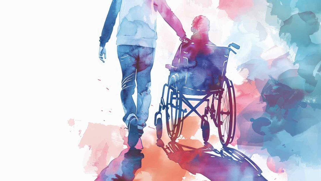 Das Bild ist im Stil eines Aquarells und zeigt eine Person, die eine andere person im Rollstuhl schiebt.