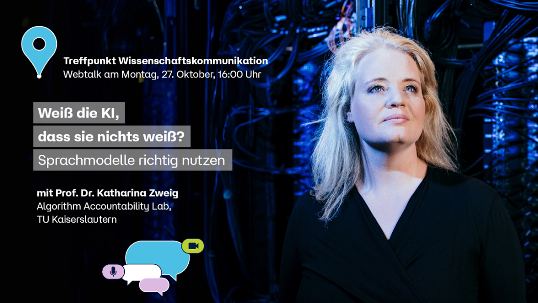 Frau schaut aus dem Bild heraus. Text: Weiß die KI dass sie nichts weiß