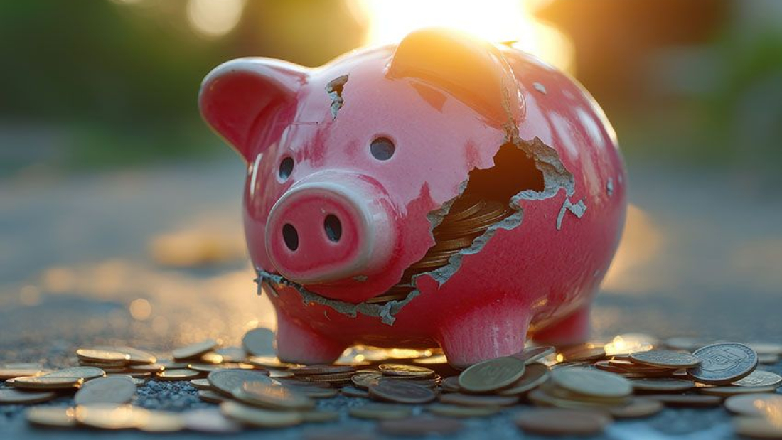 Zu sehen ist ein zerbrochenes Sparschwein im Sonnenuntergang.