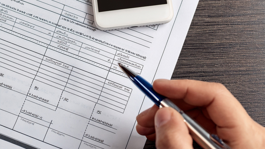 Hand die Kugelschreiber hält. Im Hintergrund ein Formular und ein Handy.