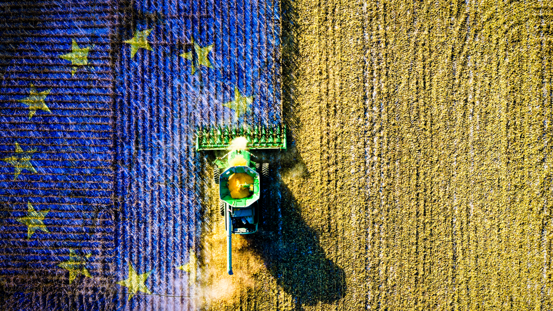Erntemaschine auf einem Acker, der zur Hälfte wie eine Europafahne eingefärbt ist