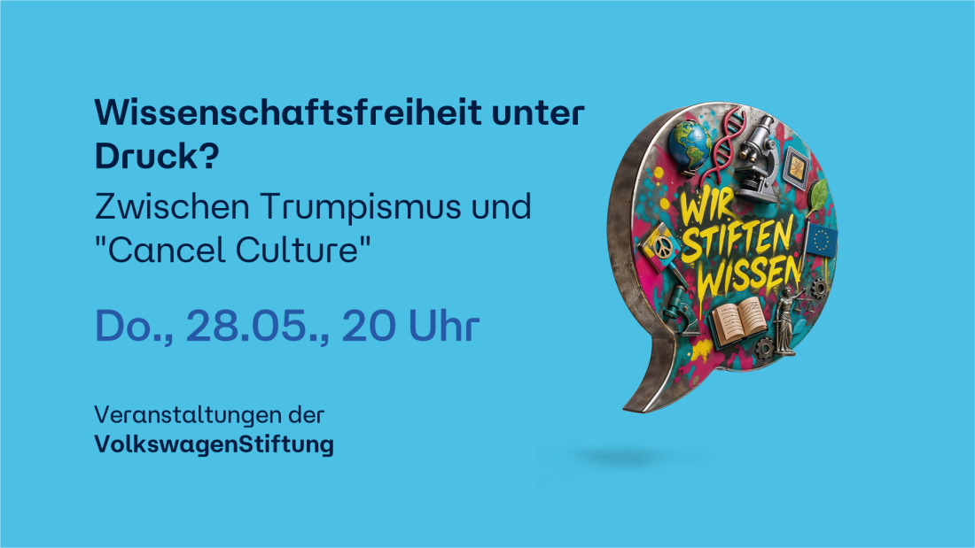 Auf dem Bild steht der Titel, das datum und die Uhrzeit der Veranstaltung. Daneben ist die KI-generierte Sprechblase mit Wir stiften Wissen, die Wort-Bild-Marke der Veranstaltungen der VolkswagenStiftung.