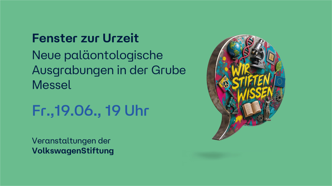 Auf dem Bild steht der Titel, das datum und die Uhrzeit der Veranstaltung. Daneben ist die KI-generierte Sprechblase mit Wir stiften Wissen, die Wort-Bild-Marke der Veranstaltungen der VolkswagenStiftung.