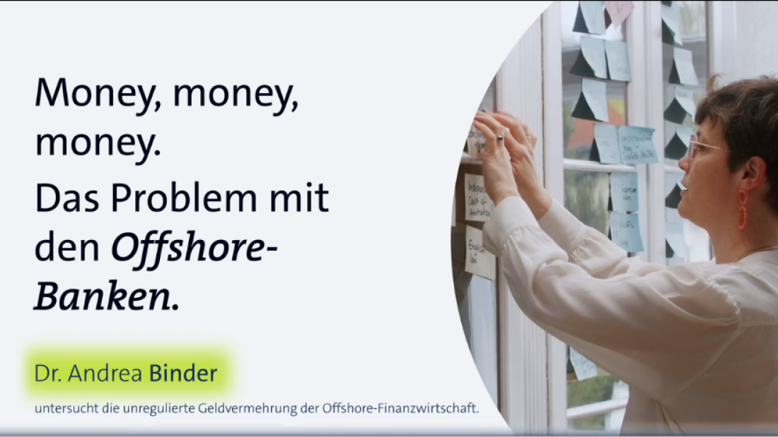 Frau klebt Post-Its an eine Tür, daneben steht der Schriftzug: Money, money, money. Das Problem mit den Offshore-Banken.