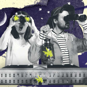 Illustration mit zwei Personen mit Ferngläsern, im Vordergrund ein klassizistisches Gebäude