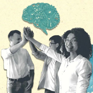 Illustration with three people high-fiving each other