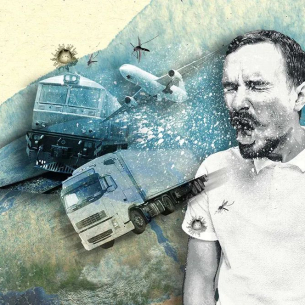 Illustration mit einem niesenden Mann, im Hintergrund Viren-Transportmittel (Flugzeug, Bahn, Truck, Mücke...)