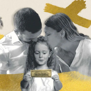 Illustration mit einer Familie, das Mädchen in der Mitte hält einen Geldschein
