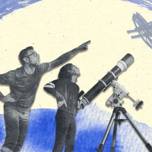 Illustration mit zwei Personen neben einem Teleskop, beide schauen in den Himmel, einer zeigt auf einen Stern