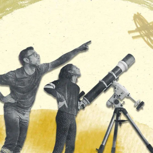 Illustration mit zwei Personen neben einem Teleskop, die in den Himmel schauen und zeigen