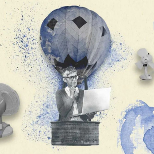 Illustration mit einer Frau in einem Heißluftballon, der von Ventilatoren angetrieben wird