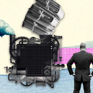 Illustration mit einem Mann vor einer Dampfmaschine, die von Akten angetrieben wird und binären Code produziert