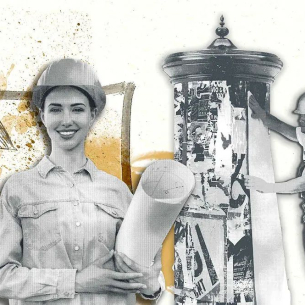 Illustration mit einer Frau mit Bauhelm, die einen Plan in der Hand hält, im Hintergrund eine Litfaßsäule