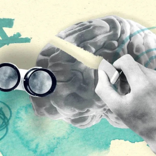 Illustration mit einer Hand, die ein gezeichnetes Gehirn ausradiert