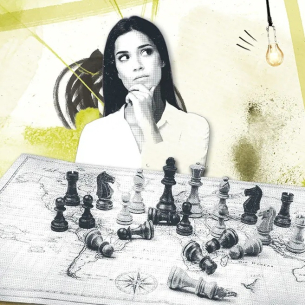 Illustration einer Frau, die nachdenklich vor einem Schachspiel mit Weltkarte sitzt