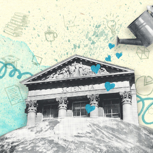 Ein klassizistisches Gebäude mit Aufschrift "Scientia" wächst aus einer Weltkugel, "gegossen" mit Herzen, die aus einer Gießkanne tropfen