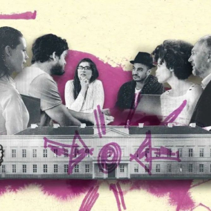 Illustration mit mehreren diskutierenden Menschen, im Vordergrund Schloss Herrenhausen